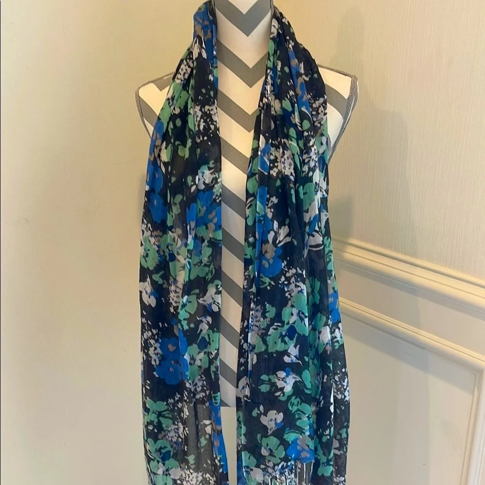 Floral Blue Black Scarf Women's Shawl Patterned Botanical Soft Lightweight Wrap